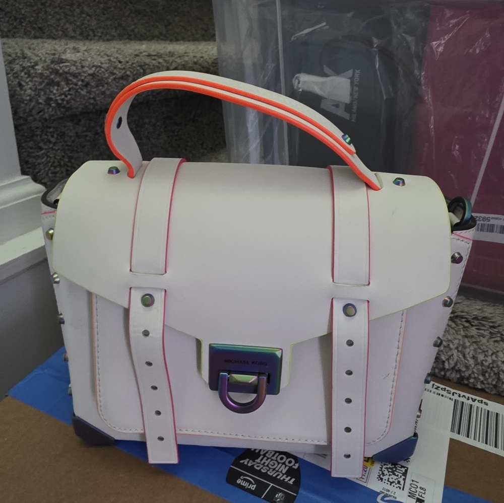 MICHAEL KORS Manhattan White Satchel with Neon Accents **EUC** - Picture 6 of 6